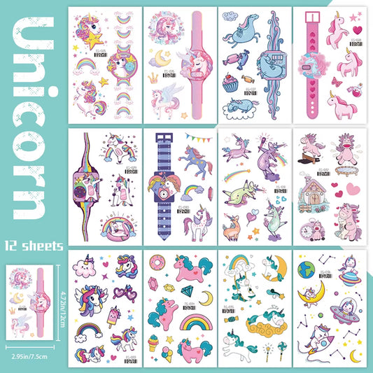 12 Sheets Glitter Pink Unicorn Temporary Tattoos, Glitter Styles Waterproof Shiny Rainbow Unicorn,Birthday Party Supplies