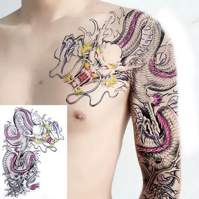 Shoulder and Chest Sun Totem Dragon Waterproof Tattoo Sticker Cool Harajuku Skull Gold Tattoo and Body Art Tattoo Large Black