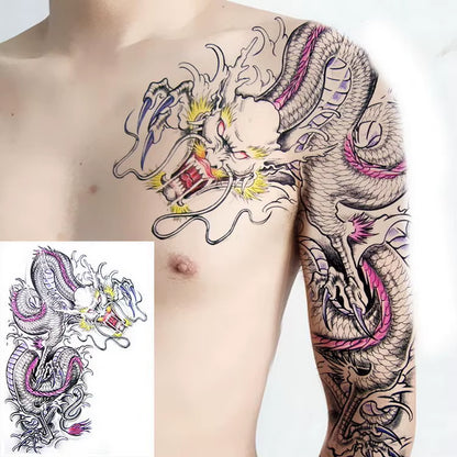 Shoulder and Chest Sun Totem Dragon Waterproof Tattoo Sticker Cool Harajuku Skull Gold Tattoo and Body Art Tattoo Large Black