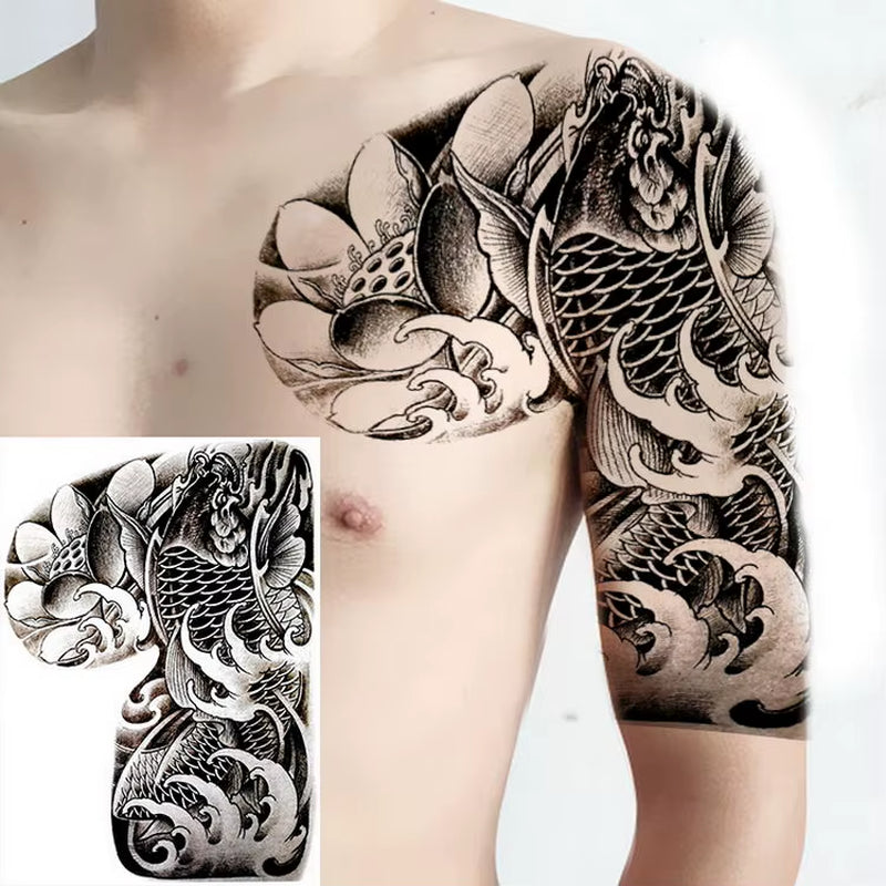 Shoulder and Chest Sun Totem Dragon Waterproof Tattoo Sticker Cool Harajuku Skull Gold Tattoo and Body Art Tattoo Large Black
