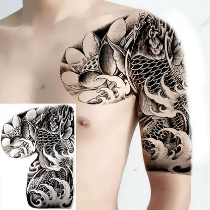 Shoulder and Chest Sun Totem Dragon Waterproof Tattoo Sticker Cool Harajuku Skull Gold Tattoo and Body Art Tattoo Large Black