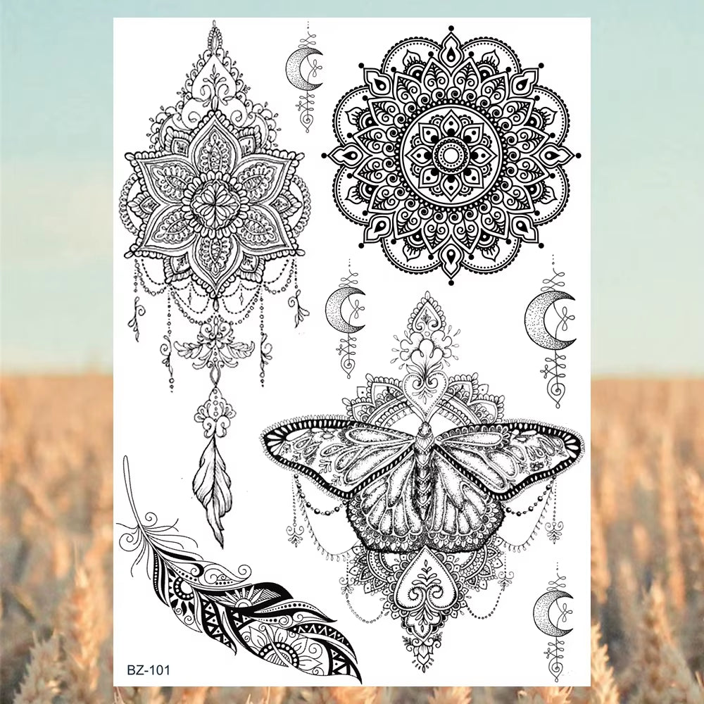 Lotus Henna Mandala Chest Temporary Tattoos for Women Underboob Adult Butterfly Turtle Lion Fake Tattoo Sexy Waterproof Tatoos