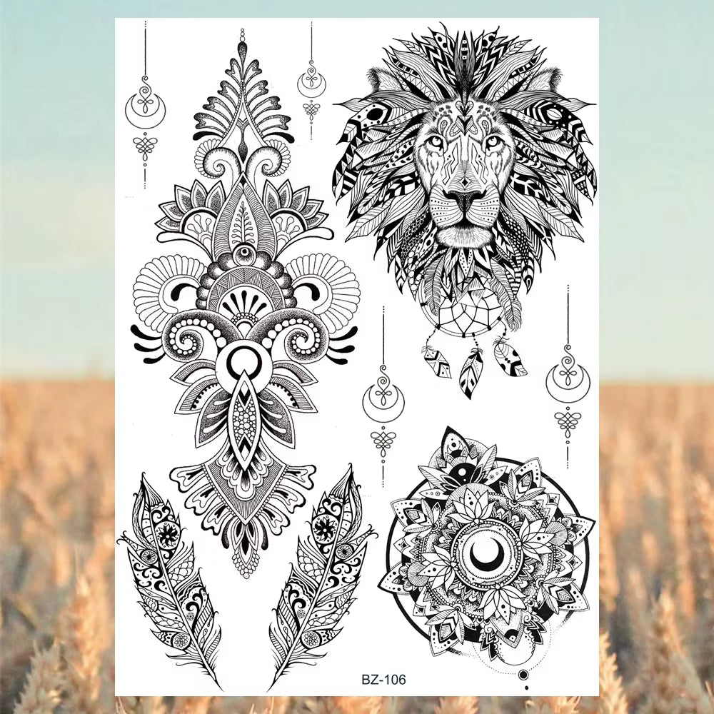Lotus Henna Mandala Chest Temporary Tattoos for Women Underboob Adult Butterfly Turtle Lion Fake Tattoo Sexy Waterproof Tatoos