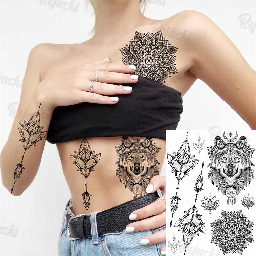 Lotus Henna Mandala Chest Temporary Tattoos for Women Underboob Adult Butterfly Turtle Lion Fake Tattoo Sexy Waterproof Tatoos