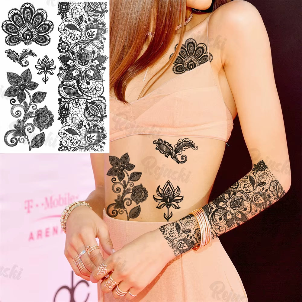 Lotus Henna Mandala Chest Temporary Tattoos for Women Underboob Adult Butterfly Turtle Lion Fake Tattoo Sexy Waterproof Tatoos