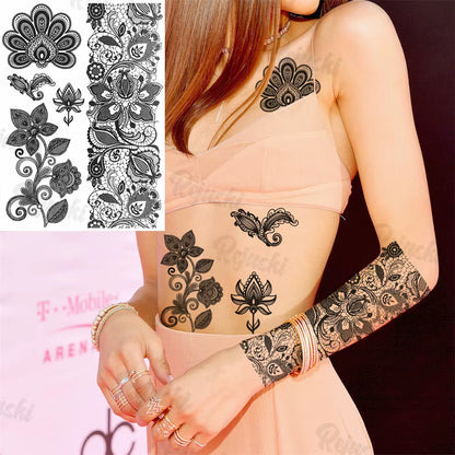 Lotus Henna Mandala Chest Temporary Tattoos for Women Underboob Adult Butterfly Turtle Lion Fake Tattoo Sexy Waterproof Tatoos