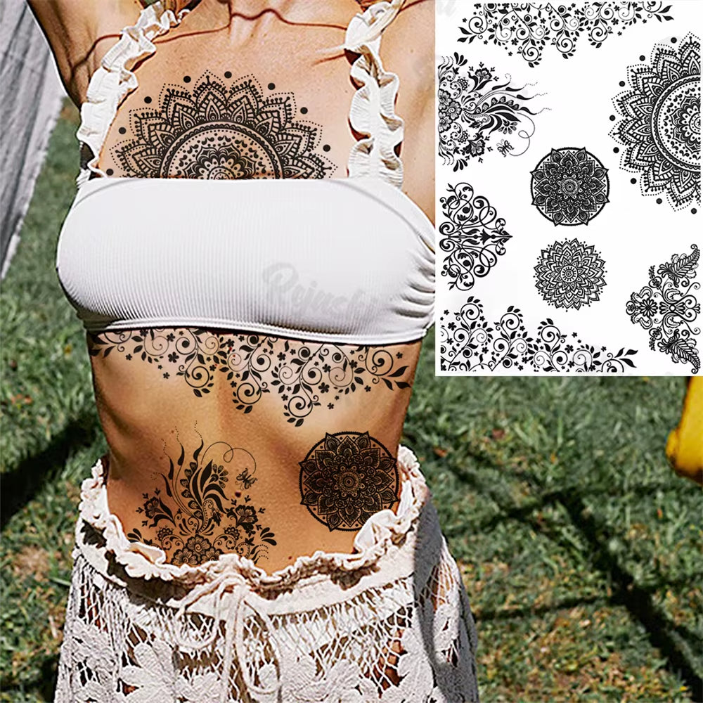 Lotus Henna Mandala Chest Temporary Tattoos for Women Underboob Adult Butterfly Turtle Lion Fake Tattoo Sexy Waterproof Tatoos