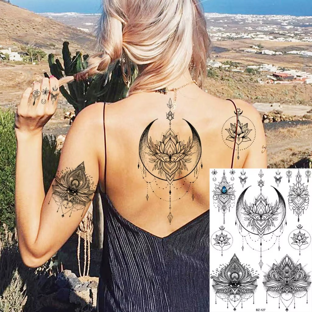 Lotus Henna Mandala Chest Temporary Tattoos for Women Underboob Adult Butterfly Turtle Lion Fake Tattoo Sexy Waterproof Tatoos