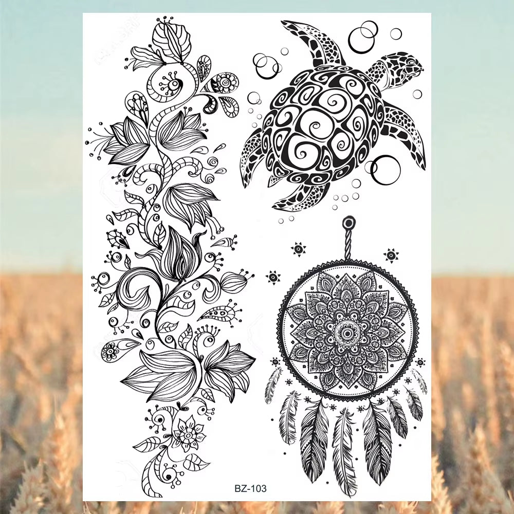 Lotus Henna Mandala Chest Temporary Tattoos for Women Underboob Adult Butterfly Turtle Lion Fake Tattoo Sexy Waterproof Tatoos