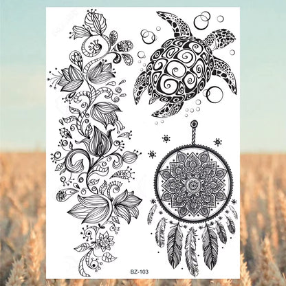 Lotus Henna Mandala Chest Temporary Tattoos for Women Underboob Adult Butterfly Turtle Lion Fake Tattoo Sexy Waterproof Tatoos