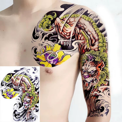 Shoulder and Chest Sun Totem Dragon Waterproof Tattoo Sticker Cool Harajuku Skull Gold Tattoo and Body Art Tattoo Large Black