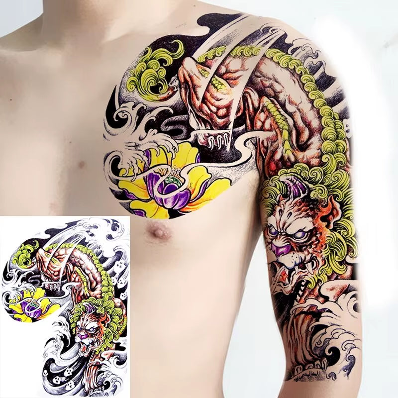 Shoulder and Chest Sun Totem Dragon Waterproof Tattoo Sticker Cool Harajuku Skull Gold Tattoo and Body Art Tattoo Large Black