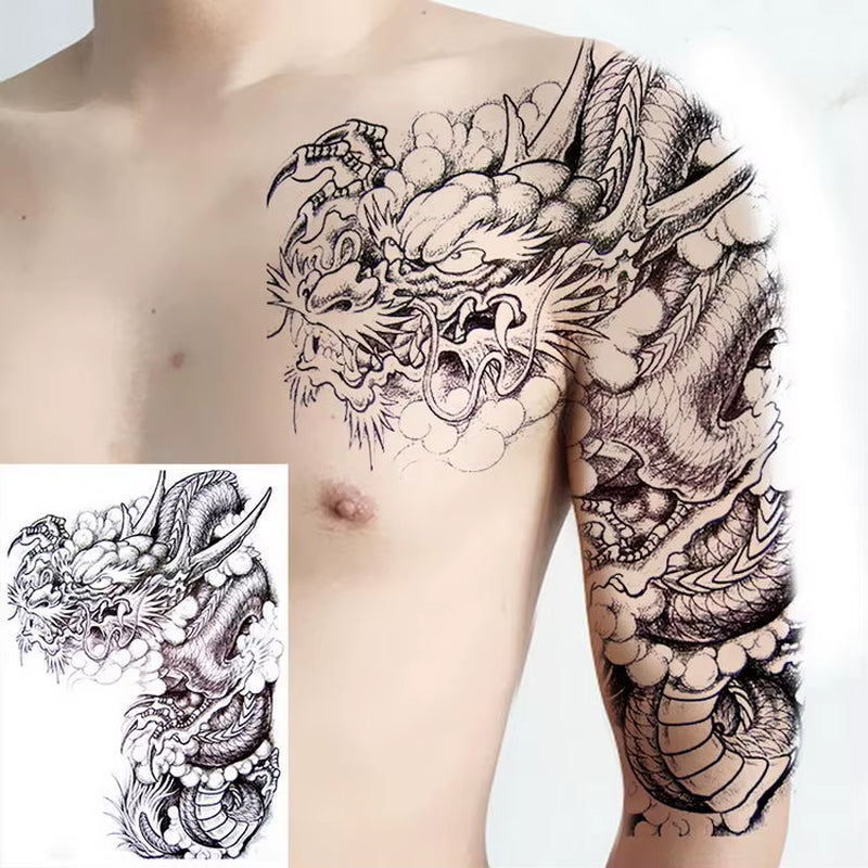 Shoulder and Chest Sun Totem Dragon Waterproof Tattoo Sticker Cool Harajuku Skull Gold Tattoo and Body Art Tattoo Large Black