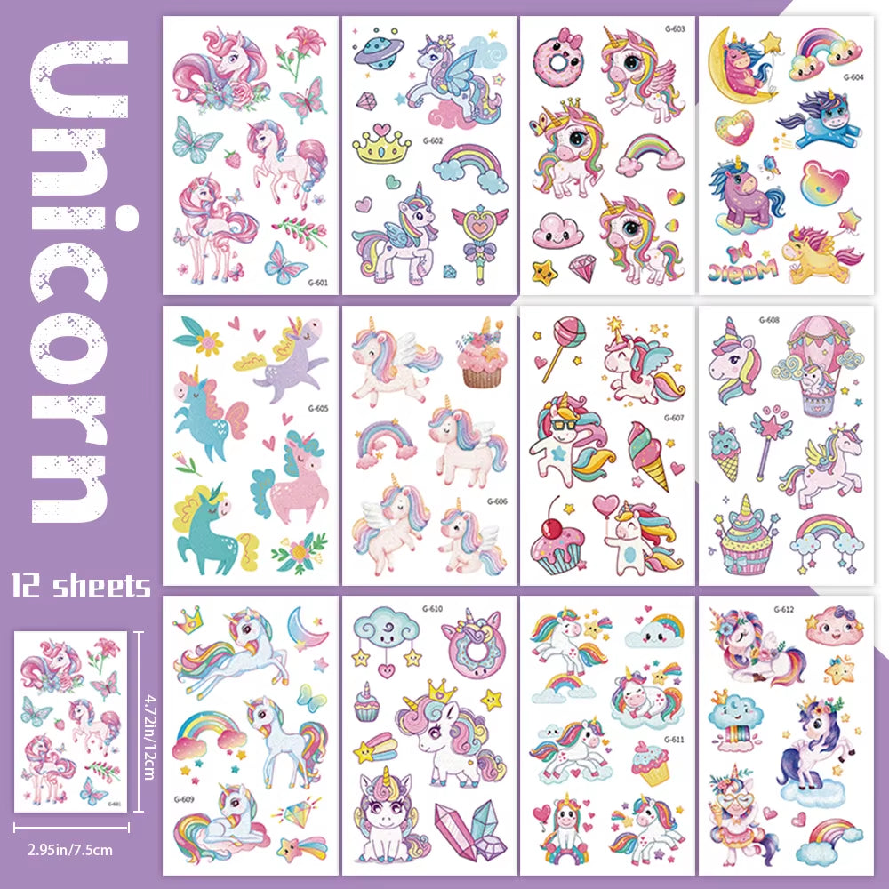 12 Sheets Glitter Pink Unicorn Temporary Tattoos, Glitter Styles Waterproof Shiny Rainbow Unicorn,Birthday Party Supplies