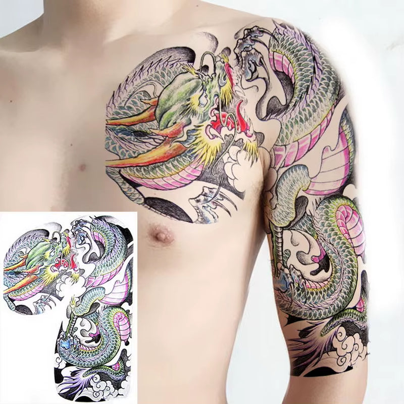 Shoulder and Chest Sun Totem Dragon Waterproof Tattoo Sticker Cool Harajuku Skull Gold Tattoo and Body Art Tattoo Large Black