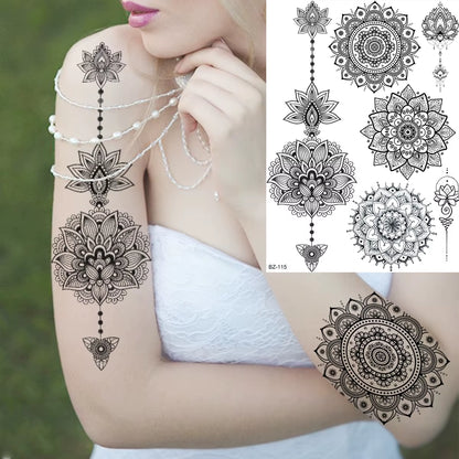 Lotus Henna Mandala Chest Temporary Tattoos for Women Underboob Adult Butterfly Turtle Lion Fake Tattoo Sexy Waterproof Tatoos