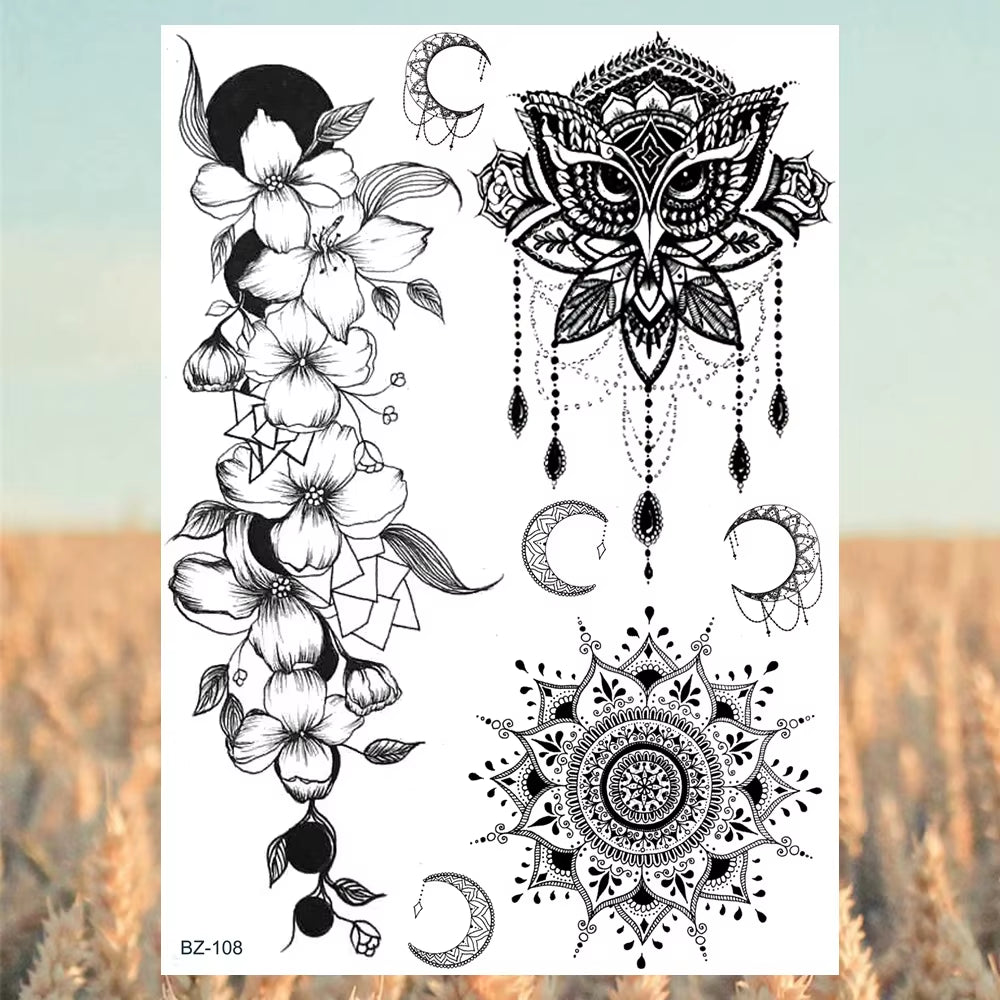 Lotus Henna Mandala Chest Temporary Tattoos for Women Underboob Adult Butterfly Turtle Lion Fake Tattoo Sexy Waterproof Tatoos