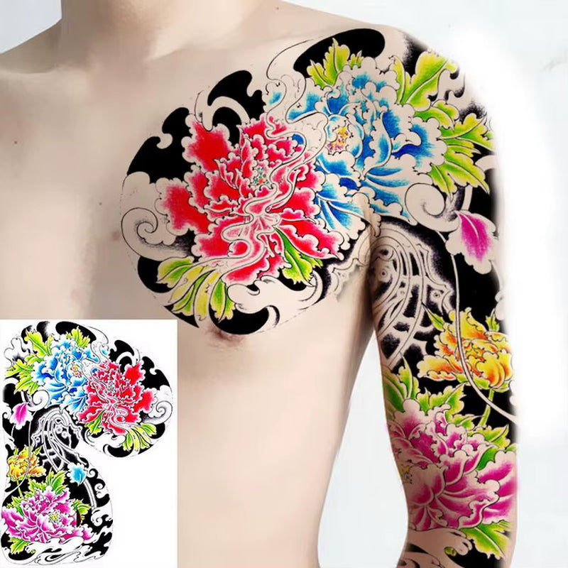 Shoulder and Chest Sun Totem Dragon Waterproof Tattoo Sticker Cool Harajuku Skull Gold Tattoo and Body Art Tattoo Large Black