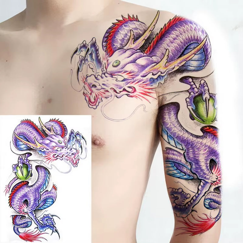 Shoulder and Chest Sun Totem Dragon Waterproof Tattoo Sticker Cool Harajuku Skull Gold Tattoo and Body Art Tattoo Large Black