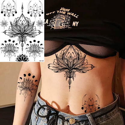 Lotus Henna Mandala Chest Temporary Tattoos for Women Underboob Adult Butterfly Turtle Lion Fake Tattoo Sexy Waterproof Tatoos
