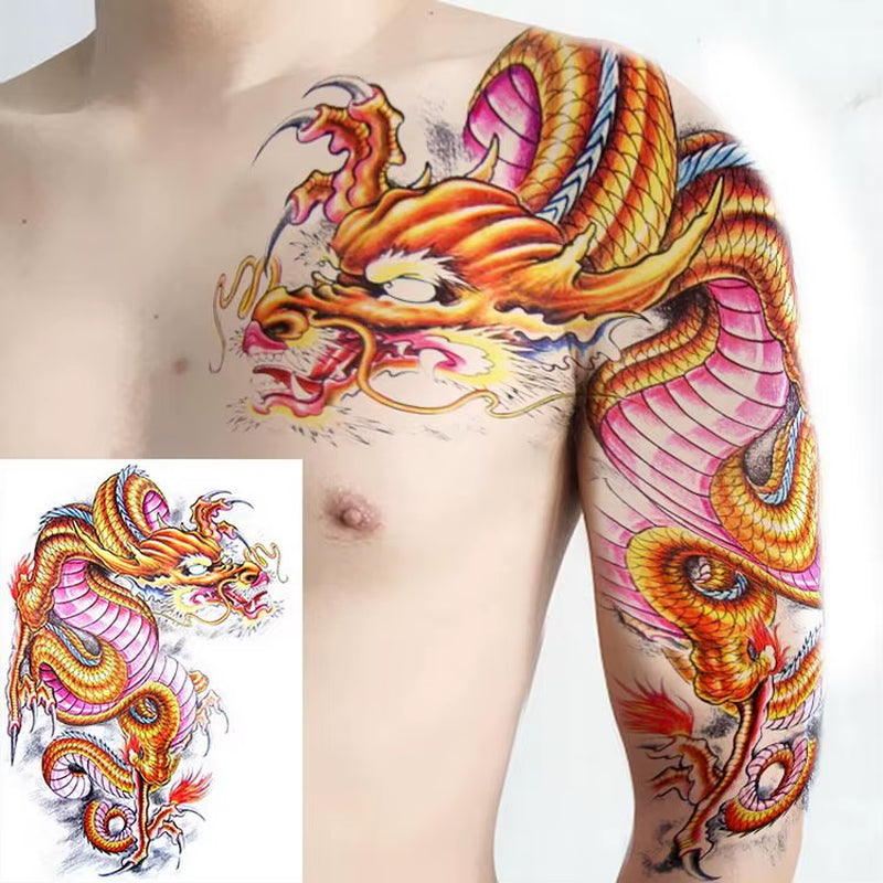 Shoulder and Chest Sun Totem Dragon Waterproof Tattoo Sticker Cool Harajuku Skull Gold Tattoo and Body Art Tattoo Large Black