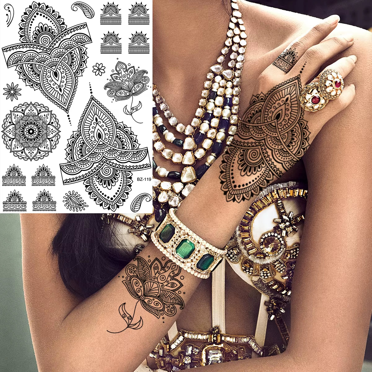 Lotus Henna Mandala Chest Temporary Tattoos for Women Underboob Adult Butterfly Turtle Lion Fake Tattoo Sexy Waterproof Tatoos