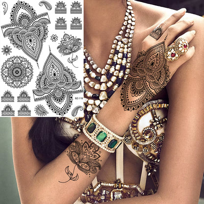 Lotus Henna Mandala Chest Temporary Tattoos for Women Underboob Adult Butterfly Turtle Lion Fake Tattoo Sexy Waterproof Tatoos
