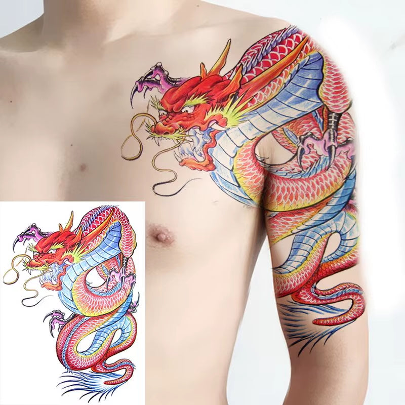 Shoulder and Chest Sun Totem Dragon Waterproof Tattoo Sticker Cool Harajuku Skull Gold Tattoo and Body Art Tattoo Large Black
