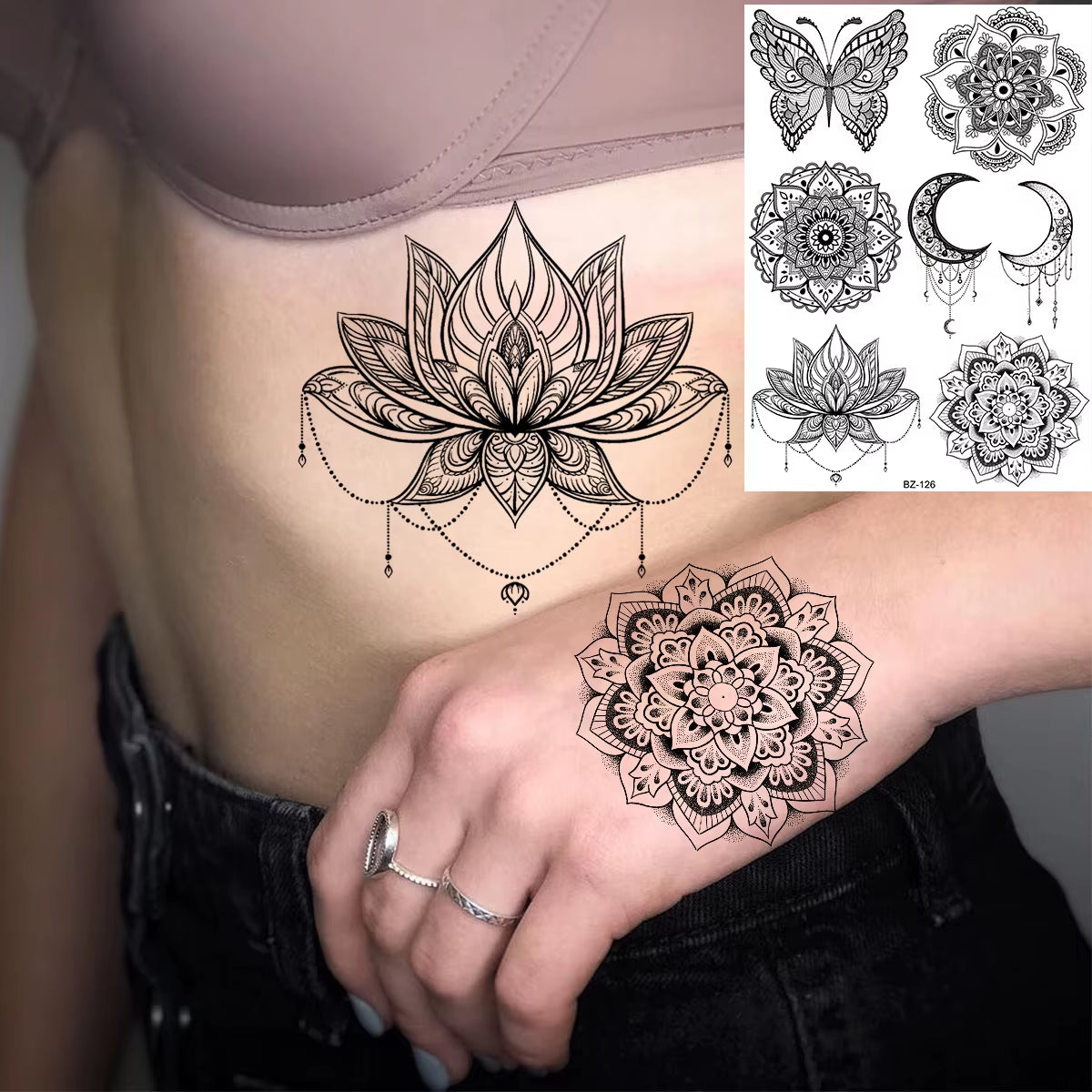 Lotus Henna Mandala Chest Temporary Tattoos for Women Underboob Adult Butterfly Turtle Lion Fake Tattoo Sexy Waterproof Tatoos