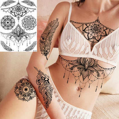 Lotus Henna Mandala Chest Temporary Tattoos for Women Underboob Adult Butterfly Turtle Lion Fake Tattoo Sexy Waterproof Tatoos