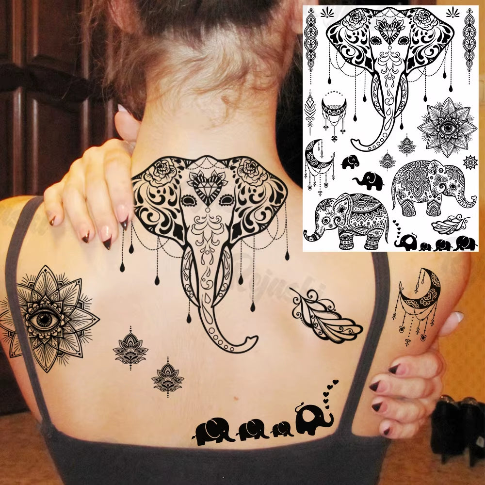 Lotus Henna Mandala Chest Temporary Tattoos for Women Underboob Adult Butterfly Turtle Lion Fake Tattoo Sexy Waterproof Tatoos