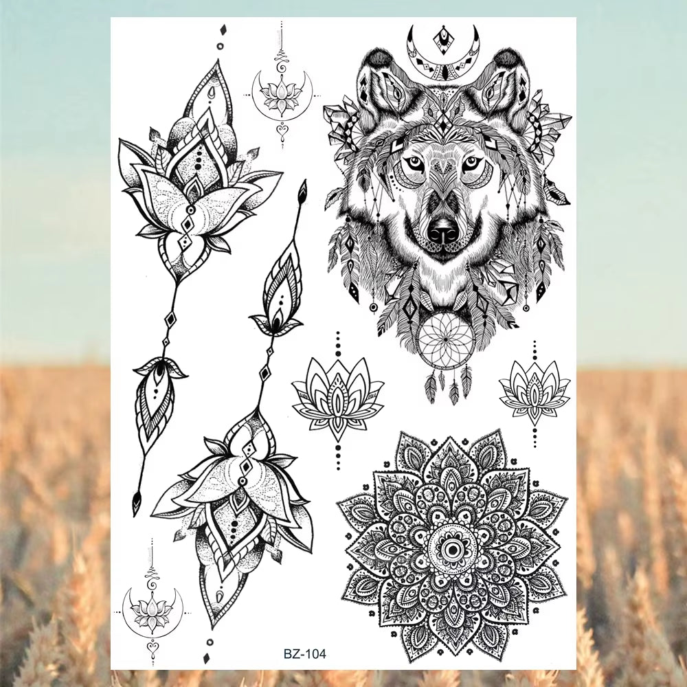 Lotus Henna Mandala Chest Temporary Tattoos for Women Underboob Adult Butterfly Turtle Lion Fake Tattoo Sexy Waterproof Tatoos
