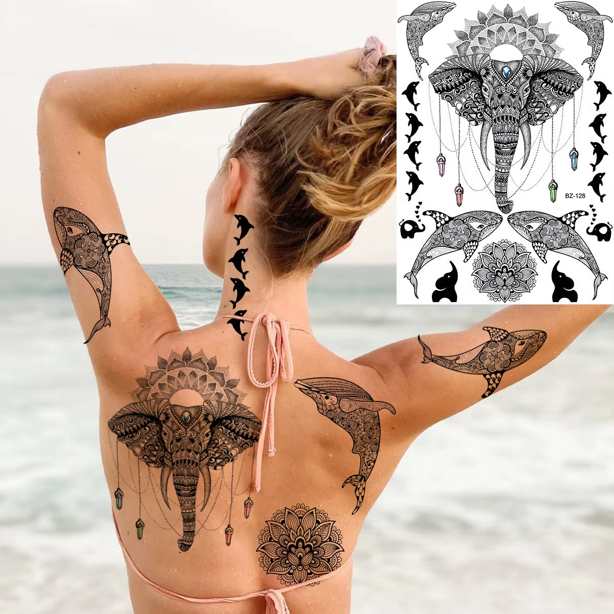 Lotus Henna Mandala Chest Temporary Tattoos for Women Underboob Adult Butterfly Turtle Lion Fake Tattoo Sexy Waterproof Tatoos