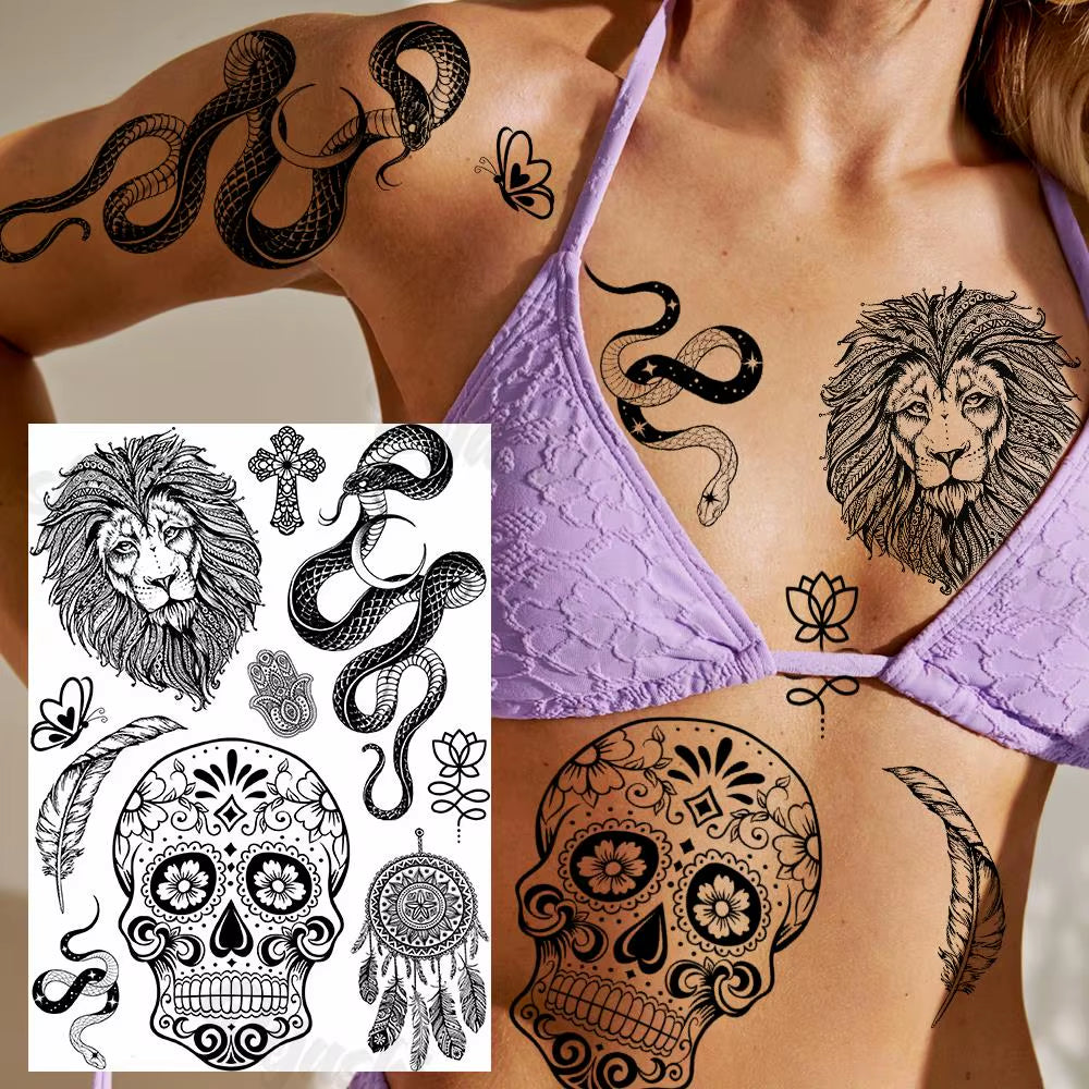 Lotus Henna Mandala Chest Temporary Tattoos for Women Underboob Adult Butterfly Turtle Lion Fake Tattoo Sexy Waterproof Tatoos