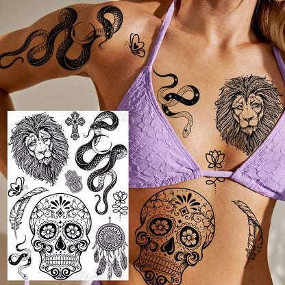 Lotus Henna Mandala Chest Temporary Tattoos for Women Underboob Adult Butterfly Turtle Lion Fake Tattoo Sexy Waterproof Tatoos