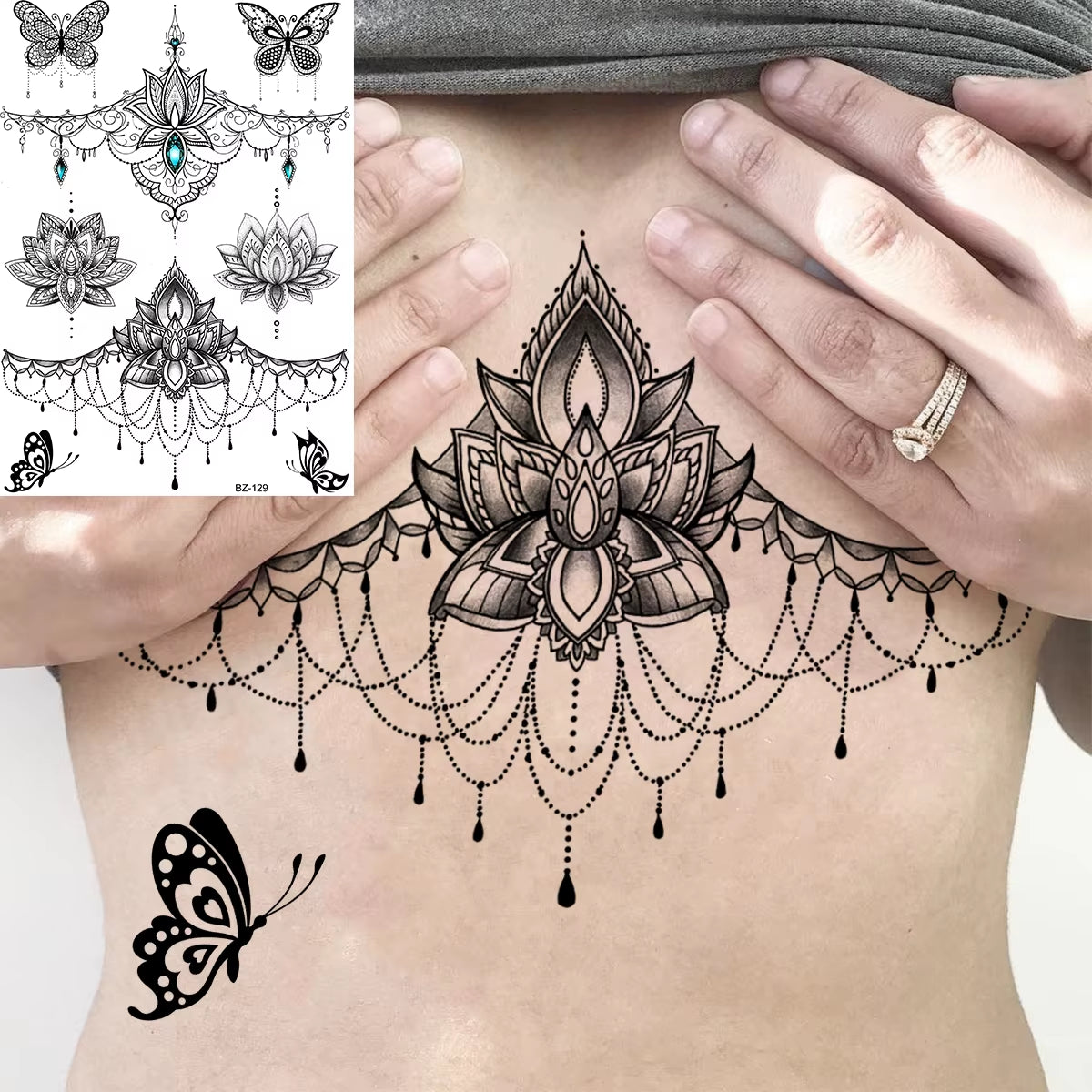 Lotus Henna Mandala Chest Temporary Tattoos for Women Underboob Adult Butterfly Turtle Lion Fake Tattoo Sexy Waterproof Tatoos