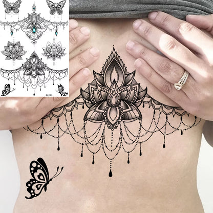 Lotus Henna Mandala Chest Temporary Tattoos for Women Underboob Adult Butterfly Turtle Lion Fake Tattoo Sexy Waterproof Tatoos