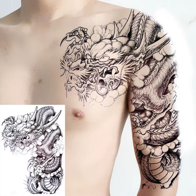 Shoulder and Chest Sun Totem Dragon Waterproof Tattoo Sticker Cool Harajuku Skull Gold Tattoo and Body Art Tattoo Large Black