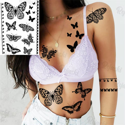 Lotus Henna Mandala Chest Temporary Tattoos for Women Underboob Adult Butterfly Turtle Lion Fake Tattoo Sexy Waterproof Tatoos