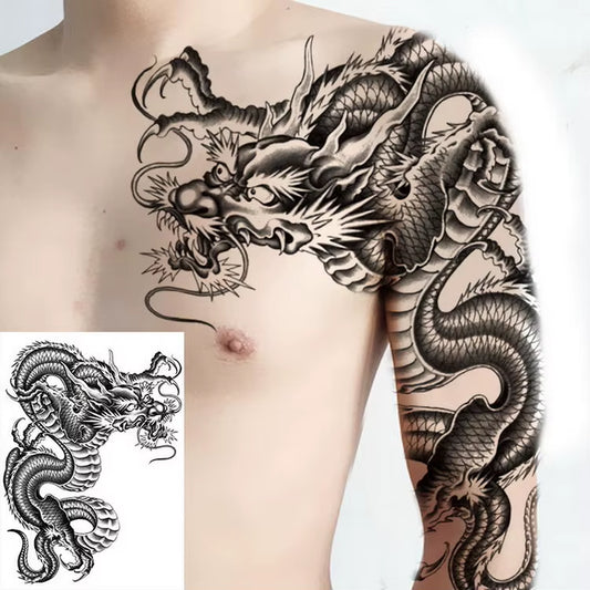 Shoulder and Chest Sun Totem Dragon Waterproof Tattoo Sticker Cool Harajuku Skull Gold Tattoo and Body Art Tattoo Large Black