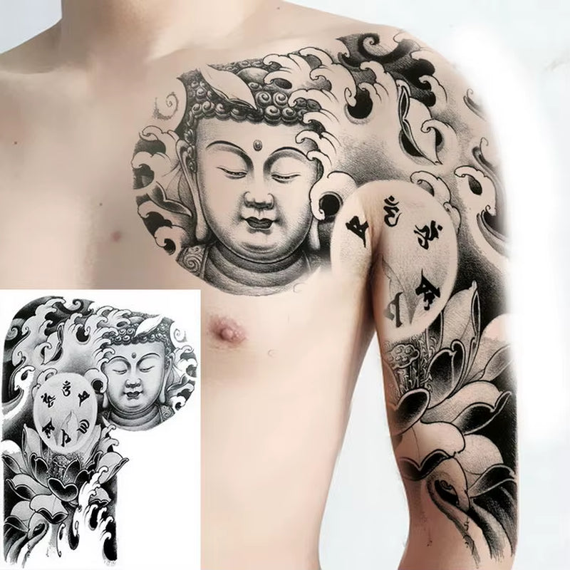 Shoulder and Chest Sun Totem Dragon Waterproof Tattoo Sticker Cool Harajuku Skull Gold Tattoo and Body Art Tattoo Large Black
