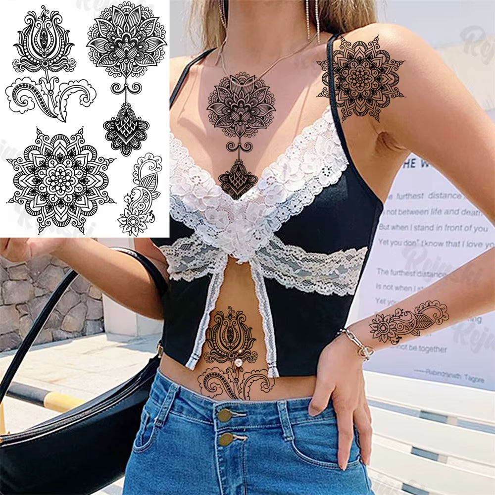 Lotus Henna Mandala Chest Temporary Tattoos for Women Underboob Adult Butterfly Turtle Lion Fake Tattoo Sexy Waterproof Tatoos