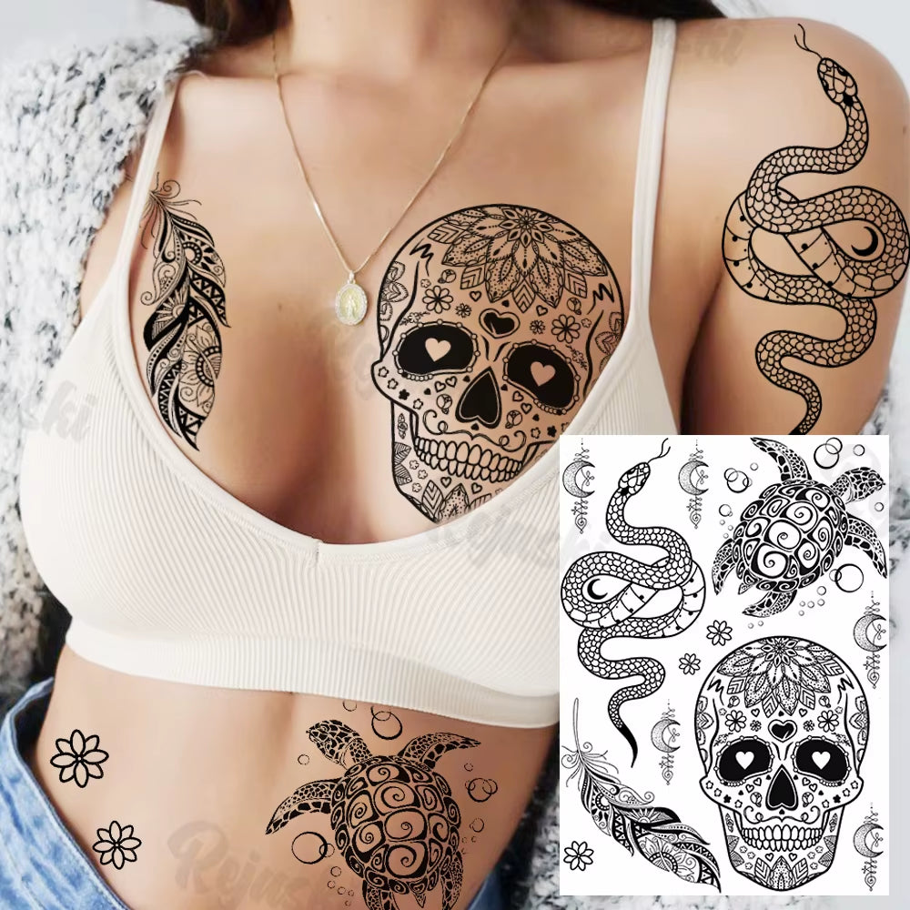 Lotus Henna Mandala Chest Temporary Tattoos for Women Underboob Adult Butterfly Turtle Lion Fake Tattoo Sexy Waterproof Tatoos