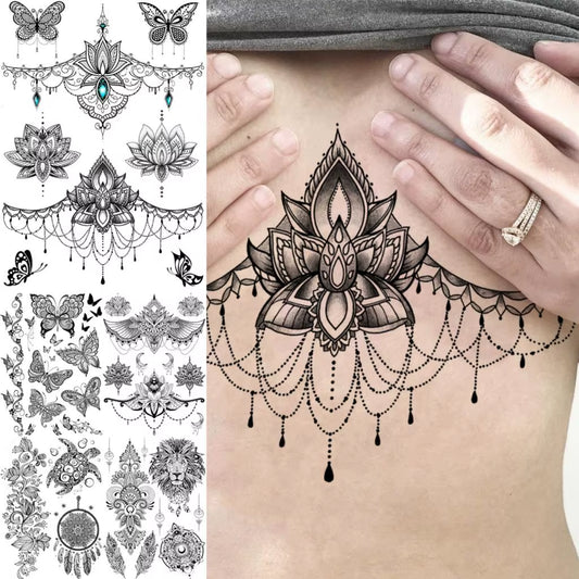 Lotus Henna Mandala Chest Temporary Tattoos for Women Underboob Adult Butterfly Turtle Lion Fake Tattoo Sexy Waterproof Tatoos
