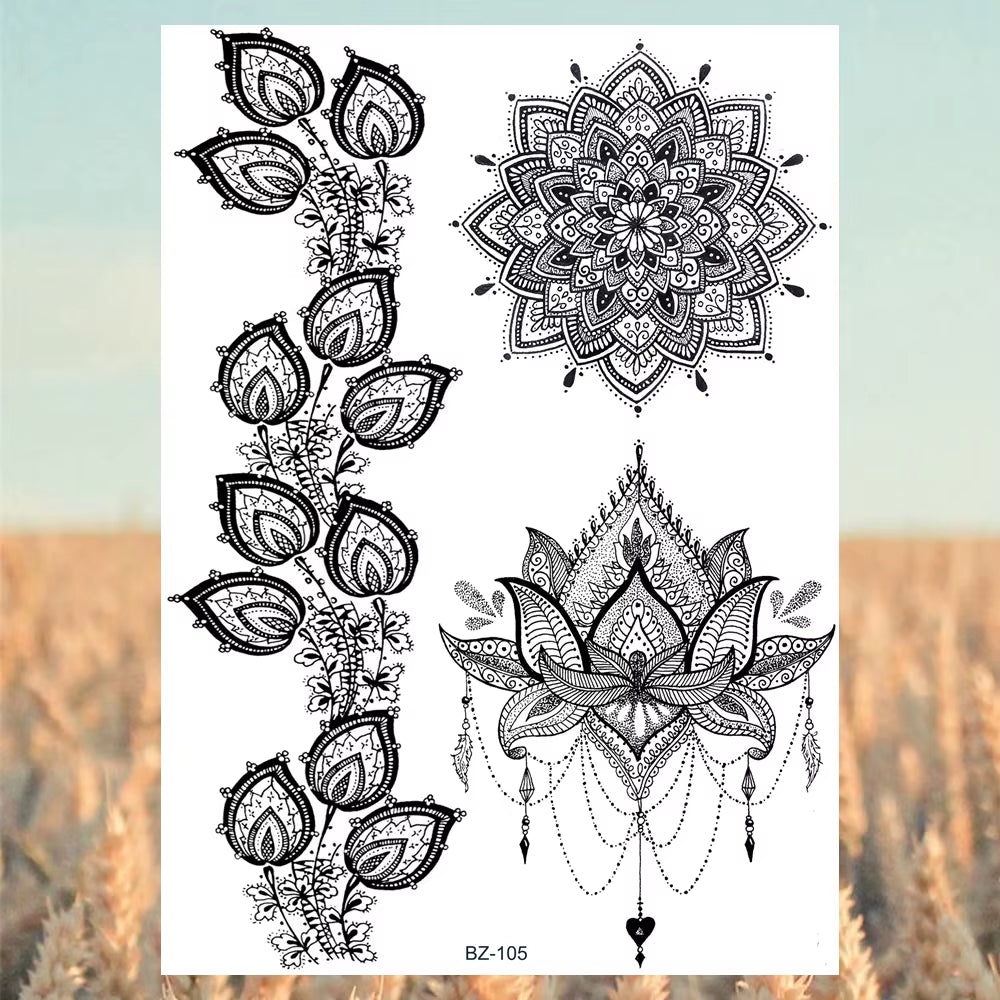 Lotus Henna Mandala Chest Temporary Tattoos for Women Underboob Adult Butterfly Turtle Lion Fake Tattoo Sexy Waterproof Tatoos