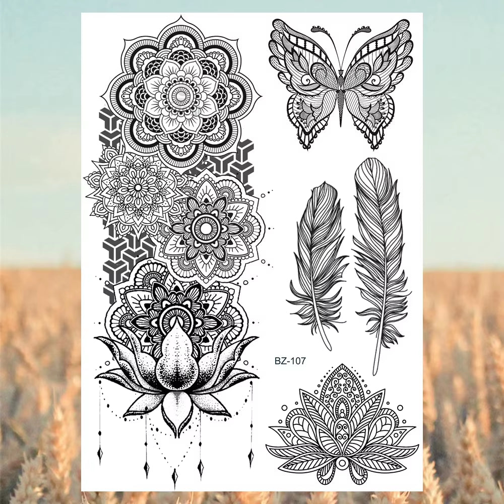 Lotus Henna Mandala Chest Temporary Tattoos for Women Underboob Adult Butterfly Turtle Lion Fake Tattoo Sexy Waterproof Tatoos