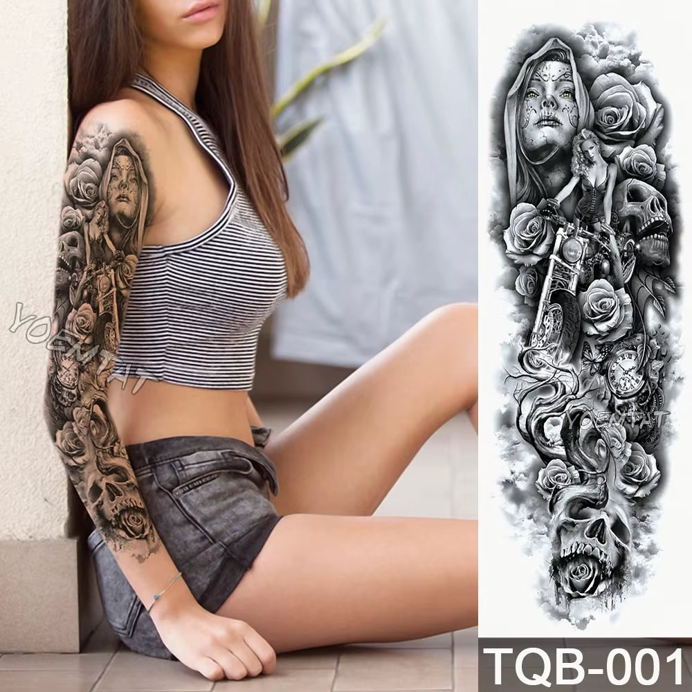 Large Full Arm Sleeve Tribal Totem Waterproof Temporary Tattoo Sticker Skull Totem Bird Wolf Tiger Fake Tatoo Body Art Men Women