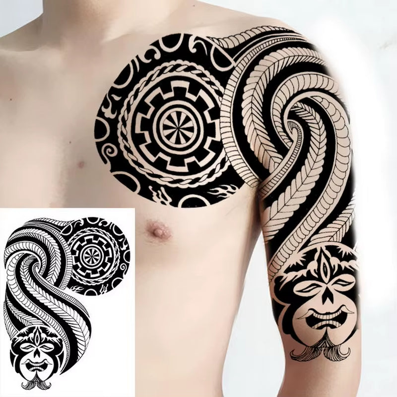 Shoulder and Chest Sun Totem Dragon Waterproof Tattoo Sticker Cool Harajuku Skull Gold Tattoo and Body Art Tattoo Large Black