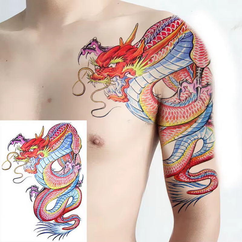 Shoulder and Chest Sun Totem Dragon Waterproof Tattoo Sticker Cool Harajuku Skull Gold Tattoo and Body Art Tattoo Large Black