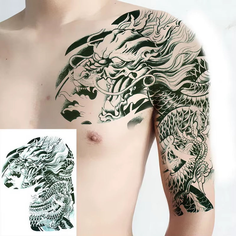 Shoulder and Chest Sun Totem Dragon Waterproof Tattoo Sticker Cool Harajuku Skull Gold Tattoo and Body Art Tattoo Large Black